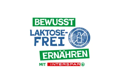 Logo mit dem Text „Bewusst laktosefrei ernähren“, einem Milchflaschen-Symbol und dem Schriftzug „Mit INTERSPAR“ in Rot und Grün, das für eine laktosefreie Ernährung wirbt.