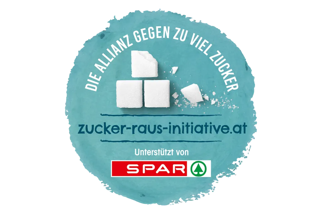 Rundes, hellblaues Logo mit drei abgebildeten Zuckerwürfeln und der Aufschrift "Die Allianz gegen zu viel Zucker" und "zucker-raus-initiative.at"