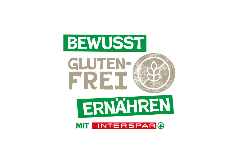 Logo mit dem Text „Bewusst glutenfrei ernähren“, einem Weizensymbol und dem Schriftzug „Mit INTERSPAR“ in Rot und Grün, das für eine glutenfreie Ernährung wirbt.