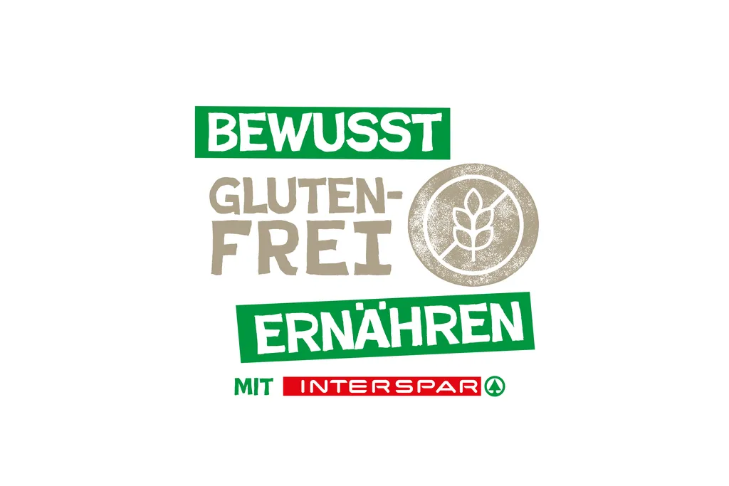 Logo mit dem Text „Bewusst glutenfrei ernähren“, einem Weizensymbol und dem Schriftzug „Mit INTERSPAR“ in Rot und Grün, das für eine glutenfreie Ernährung wirbt.