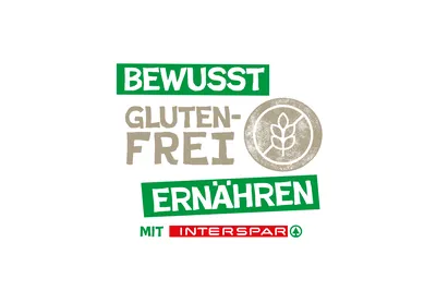 Logo mit dem Text „Bewusst glutenfrei ernähren“, einem Weizensymbol und dem Schriftzug „Mit INTERSPAR“ in Rot und Grün, das für eine glutenfreie Ernährung wirbt.