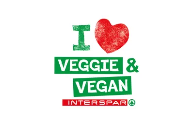Der Schriftzug „I love Veggie & Vegan“ mit einem roten Herzsymbol und dem „INTERSPAR“-Logo auf weißem Hintergrund.