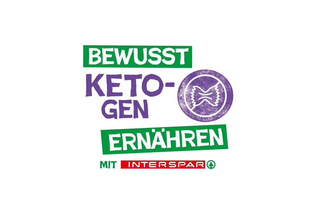 Logo mit dem Text „Bewusst ketogen Ernähren“, einem Nudel-Symbol und dem Schriftzug „Mit INTERSPAR“ in Rot und Grün, das für ketogene Ernährung wirbt.