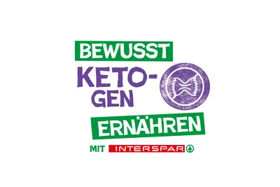 Logo mit dem Text „Bewusst ketogen Ernähren“, einem Nudel-Symbol und dem Schriftzug „Mit INTERSPAR“ in Rot und Grün, das für ketogene Ernährung wirbt.