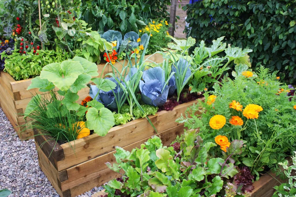 Bunt bepflanzte Hochbeete im Garten mit Kohl, Ringelblumen, Schnittlauch und mehr