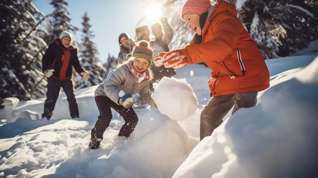 Kinder bauen fröhlich einen Schneemann in einem verschneiten Wald, während die Sonnenstrahlen durch die Bäume scheinen.