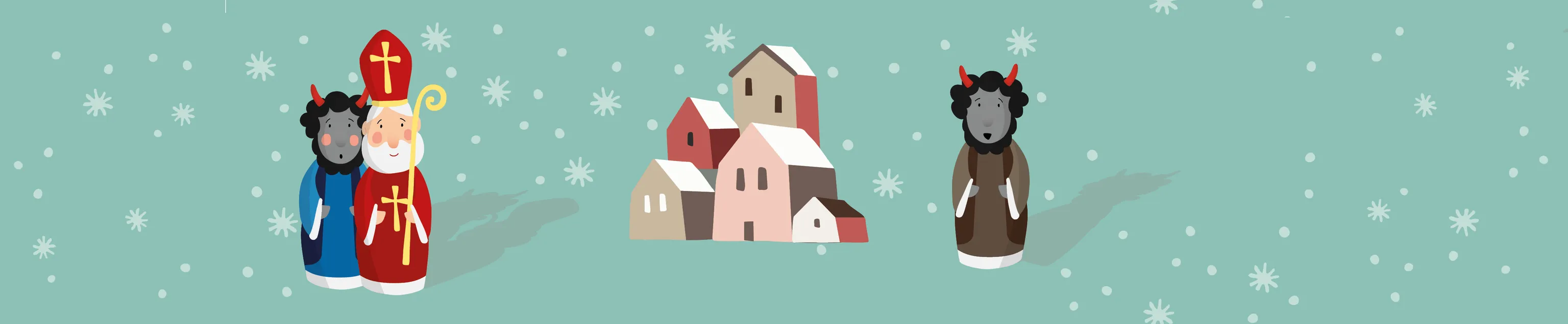 Grafik mit zwei freundlichen Krampus und einem Nikolkaus im Schneetreiben