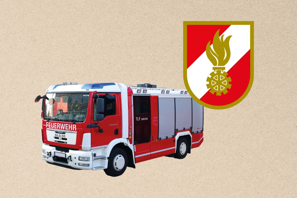 Ein rot-weißes Feuerwehrauto mit der Aufschrift „Feuerwehr“ neben einem rot-weißen Feuerwehrwappen auf strukturiertem Hintergrund.