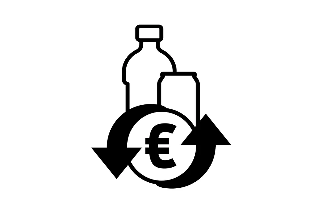 Symbol einer Flasche und einer Dose über einem Euro-Zeichen, umgeben von kreisförmigen Pfeilen, das für Recycling zum Zwecke der finanziellen Verwertung steht.