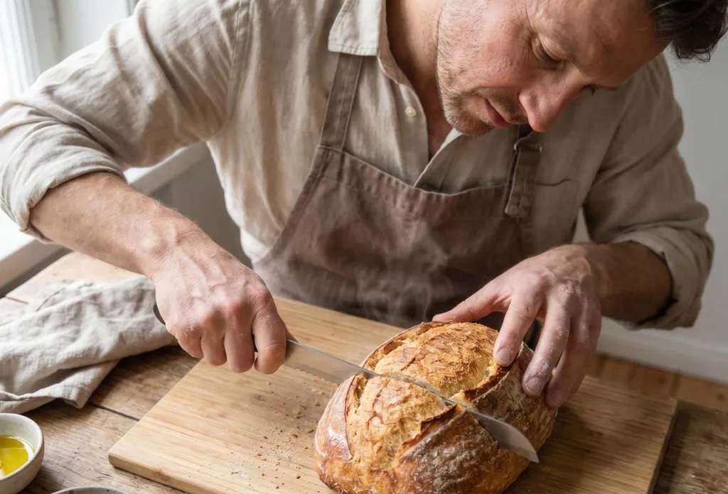 Ein Mann in einer Schürze schneidet auf einem Holzbrett einen frisch gebackenen Laib Brot, daneben steht eine kleine Schale mit Olivenöl.
