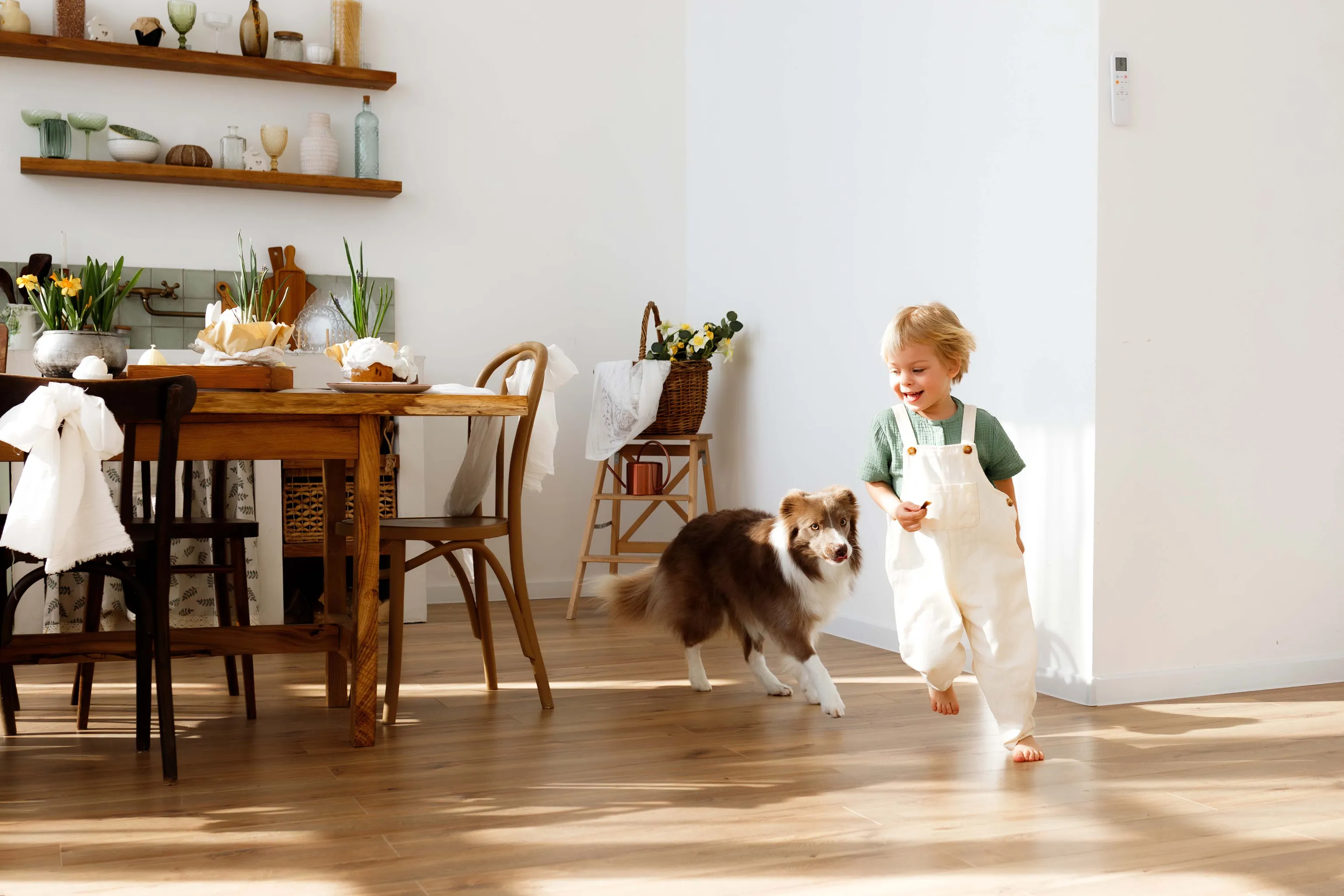 Kind und Hund spielen in einem hellen Esszimmer