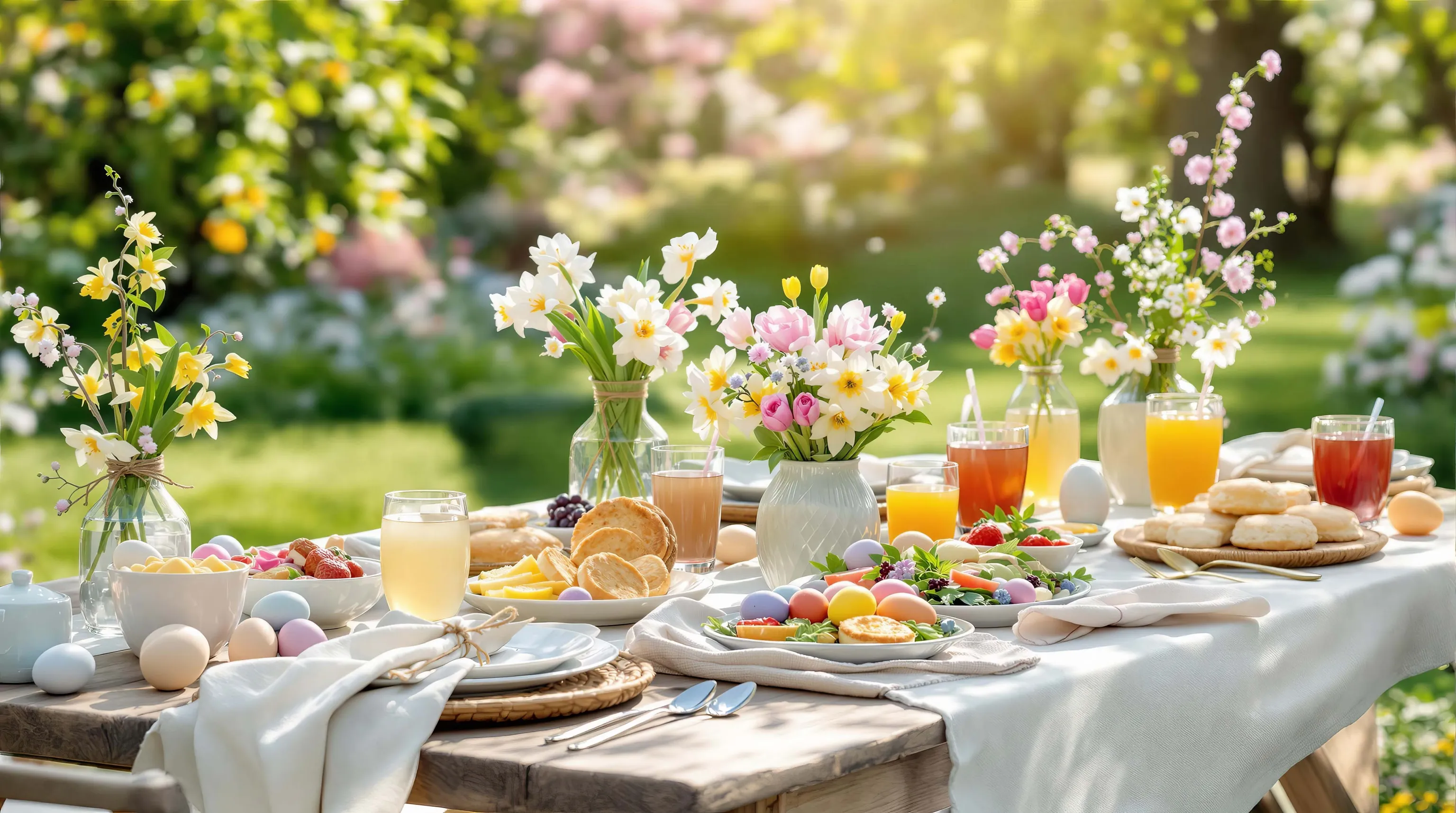 Ein Frühlingsbrunch im Garten mit frischen Blumen, bunten Eiern, Säften, Gebäck und Obst im Sonnenlicht.