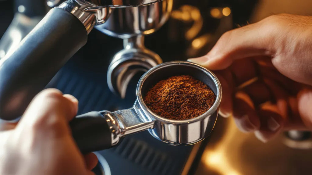 Nahaufnahme von Händen, die einen Siebträger mit frischem Kaffeepulver halten und sich auf die Zubereitung eines Espressos vorbereiten.