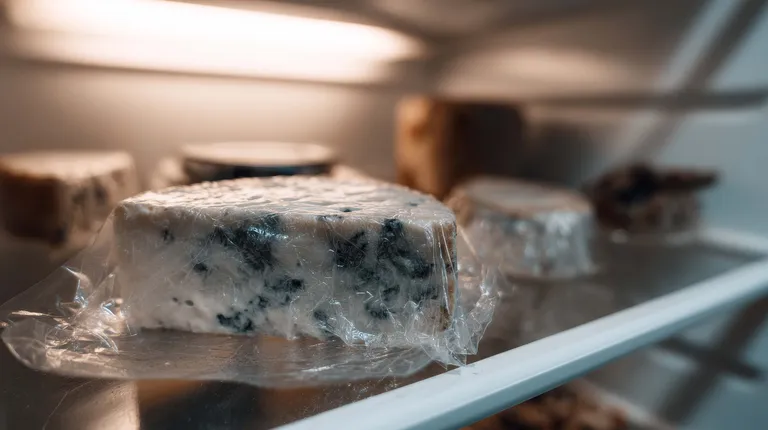 Ein Stück Blauschimmelkäse, in Frischhaltefolie eingewickelt, auf einem Kühlschrankregal unter warmer Beleuchtung gelagert.