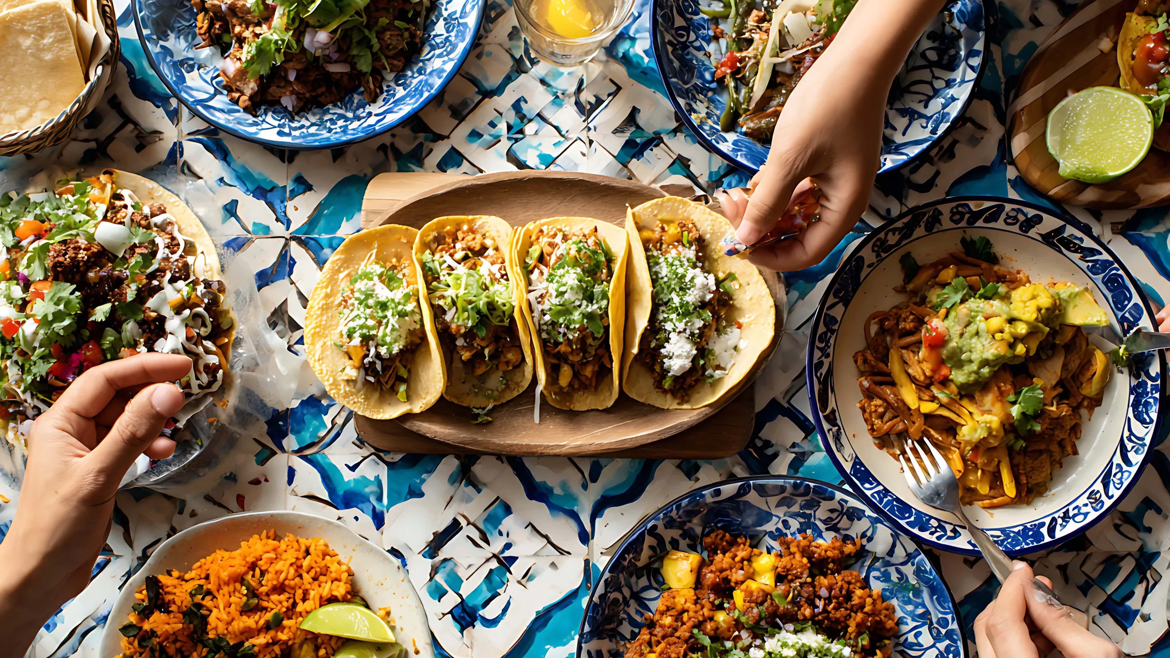 Ein farbenfrohes mexikanisches Festmahl auf einem gemusterten Tisch, bestehend aus Tacos, Reis und Gemüse, während Hände nach dem Essen greifen.