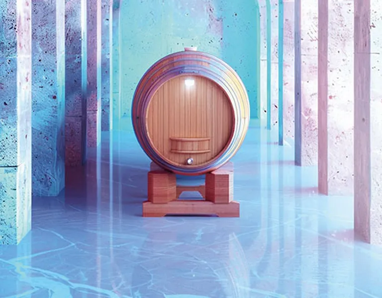 A wooden barrel stands in a glowing, futuristic room with icy blue walls and floor, illuminated by soft lighting.