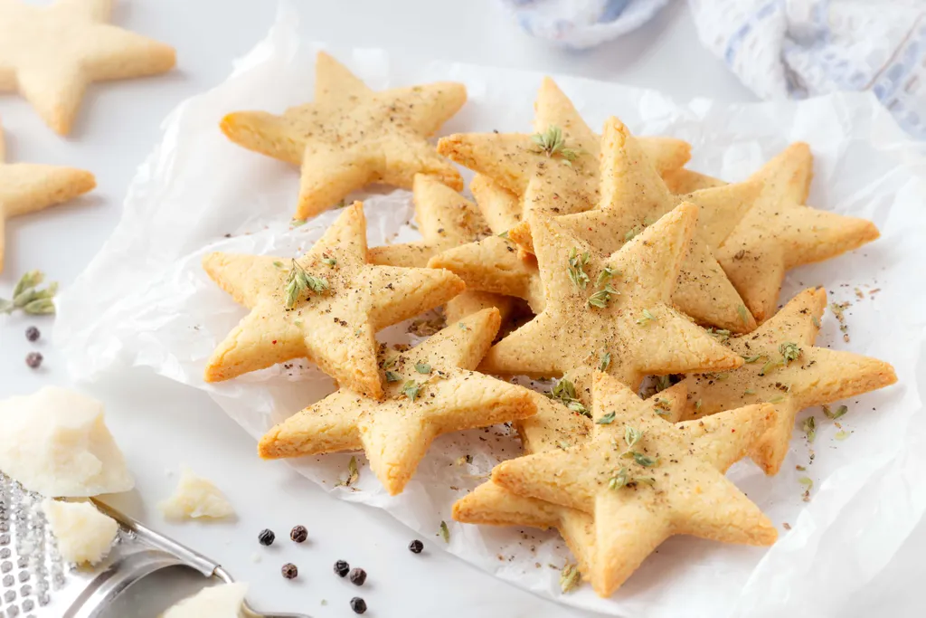 Goldbraune, sternförmige pikante Kekse mit Kräutern und Gewürzen liegen auf Backpapier, daneben befinden sich Käse und Pfefferkörner.