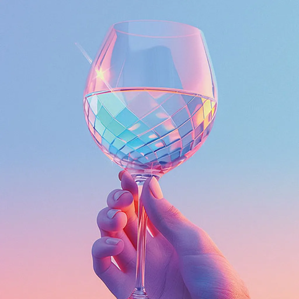 A hand holding a glass with a geometric pattern, reflecting vibrant pastel colors, against a sunset gradient background.