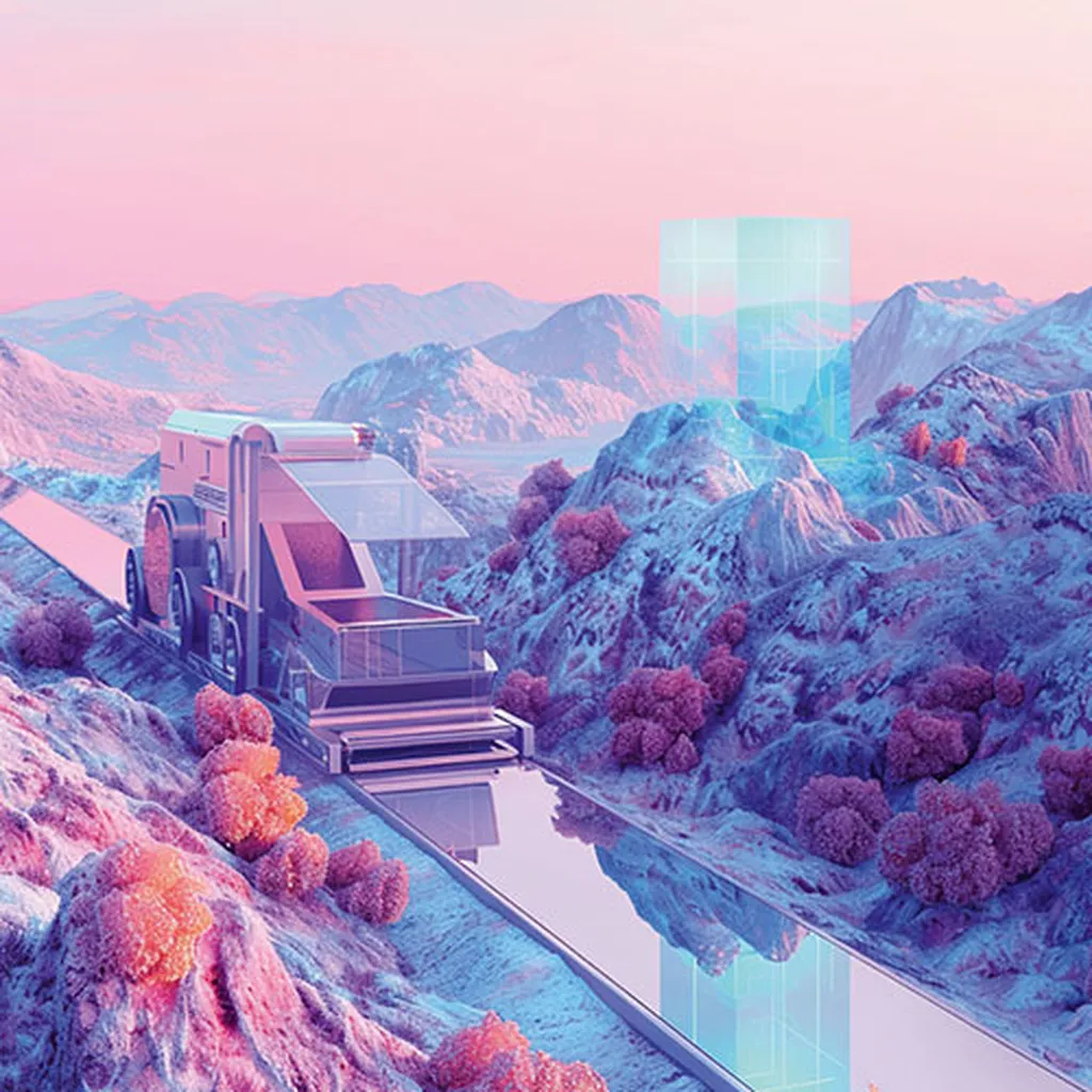 Futuristic truck on a mirrored road amidst surreal pink and blue mountains, under a pastel sky with abstract structures in the background.