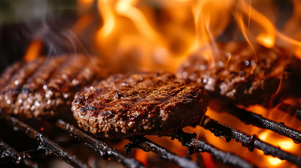 Nahaufnahme eines saftigen Burger-Patties, das auf einem Grill über offener Flamme brutzelt, mit einer leicht verkohlten Oberfläche und glänzendem Saft.