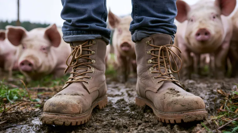 Schlammverschmierte Stiefel einer Person, die in einem Schweinestall steht, umgeben von neugierigen Schweinen auf nassem, schlammigem Boden.