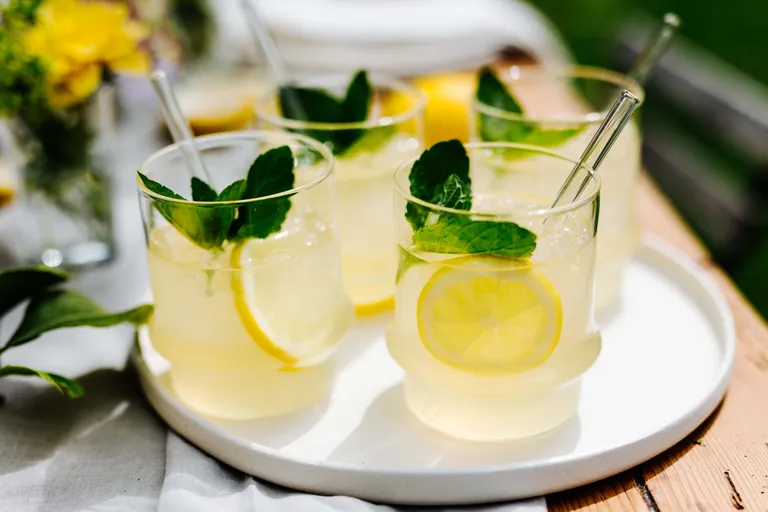 Erfrischende Zitronenlimonade mit Minze und Zitronenscheiben in Gläsern