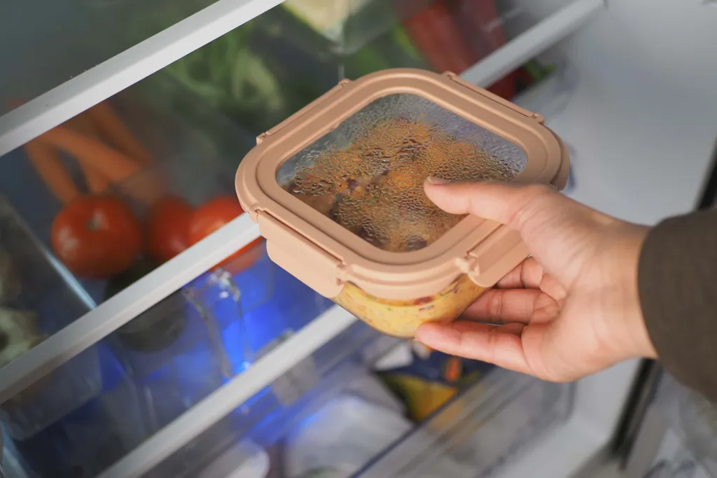 Hand stellt eine verschlossene Meal-Prep-Vorratsdose in den Kühlschrank