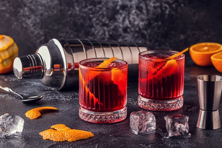 Zwei rote Cocktails mit Orangenschalen in Gläsern, umgeben von Eiswürfeln, einem Shaker, Orangen und einem Jigger auf einer dunklen Oberfläche.