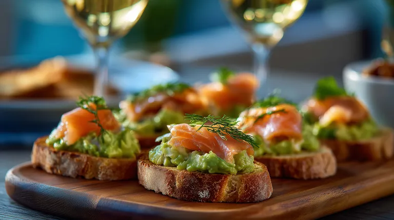 Appetitliche Crostini mit Räucherlachs und Avocado, garniert mit Dill, auf einem Holzbrett, im Hintergrund stehen Gläser mit Weißwein.