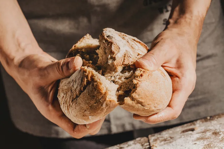 Eine Person beim Aufbrechen eines frisch gebackenen, grau-braunen Brotlaibes