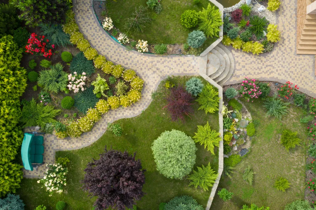 Garten mit Wegen, Beeten, Terrassen und Sitzbereichen aus der Vogelperspektive