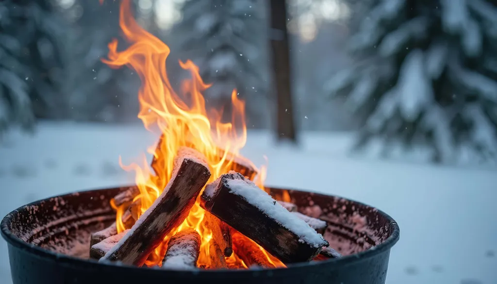 Knisterndes Lagerfeuer in einer Feuerschale vor verschneiter Winterlandschaft