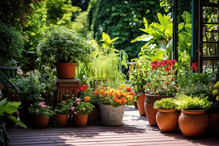 Eine farbenfrohe Gartenterrasse mit verschiedenen Topfpflanzen und Blumen in voller Blüte, darunter rote, orangefarbene und rosa Blüten, im Sonnenlicht.