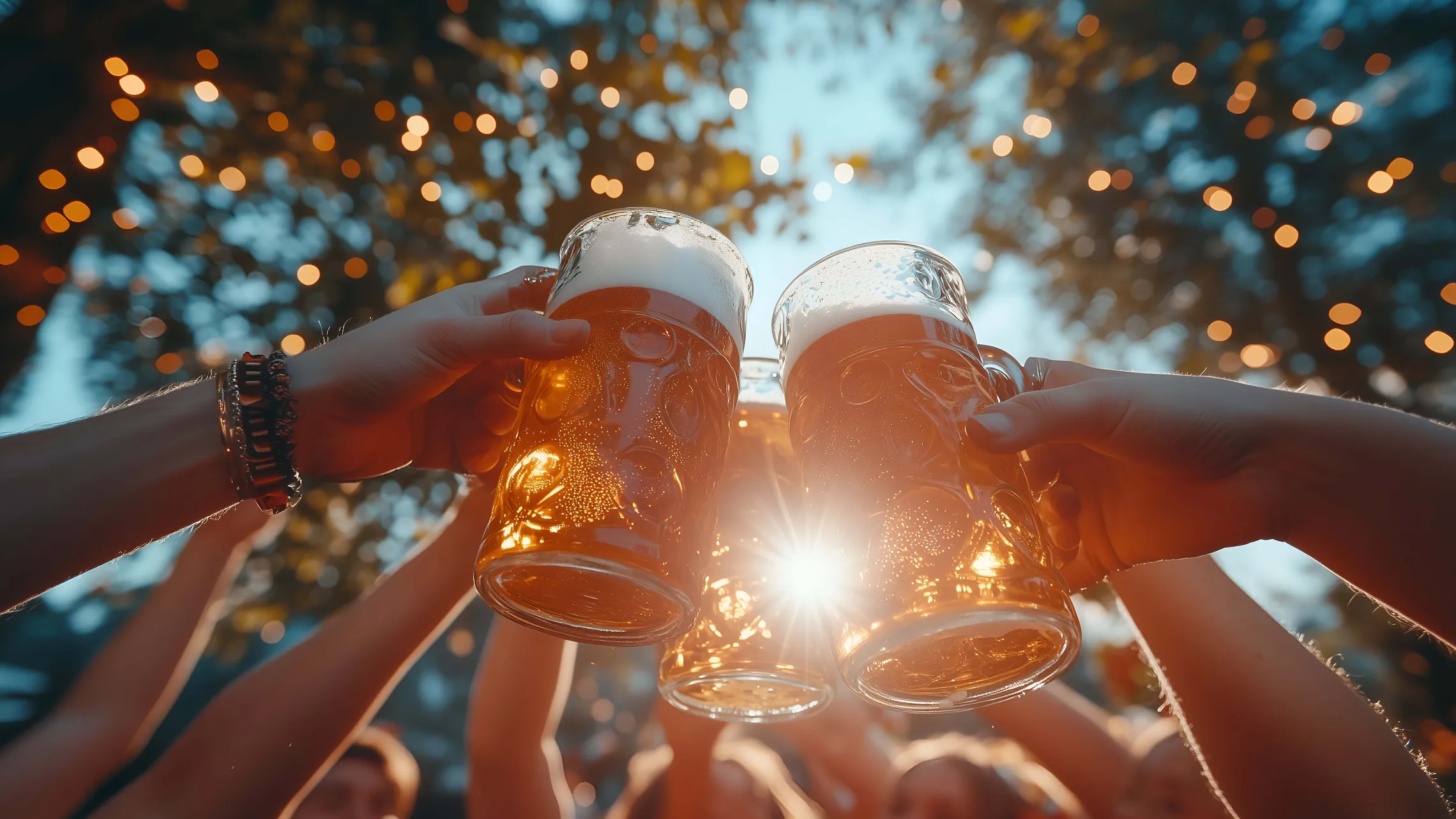 Menschen, die ihre Bierkrüge zu einem feierlichen Toast erheben, im Hintergrund warmes Sonnenlicht und festliche Lichter.