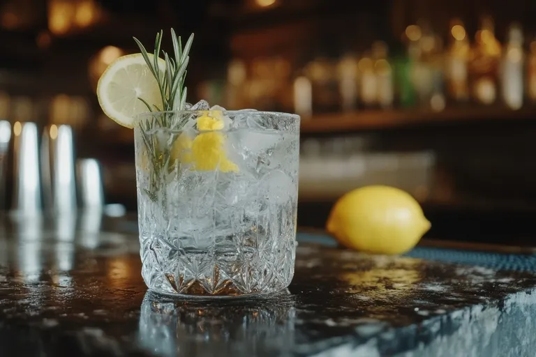 Ein Glas mit einem eisgekühlten Cocktail, garniert mit einer Zitronenscheibe und Rosmarin, auf einer Bartheke, im Hintergrund eine ganze Zitrone.