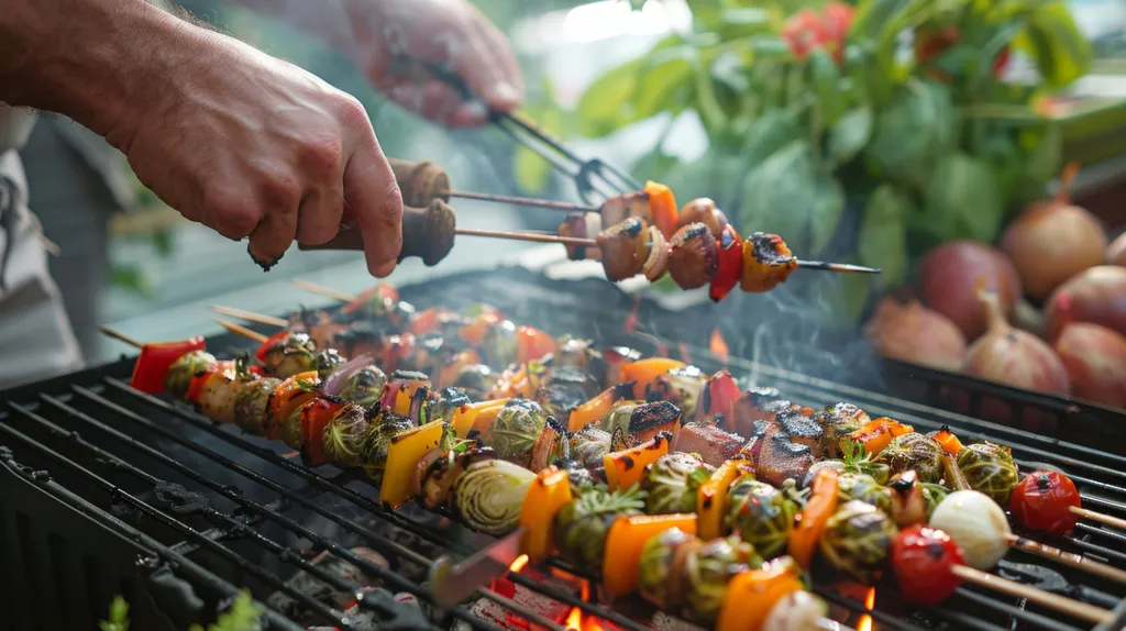 Eine Person, die auf einem Grill Gemüsespieße mit Paprika, Pilzen und Zwiebeln grillt, umgeben von frischen Produkten.