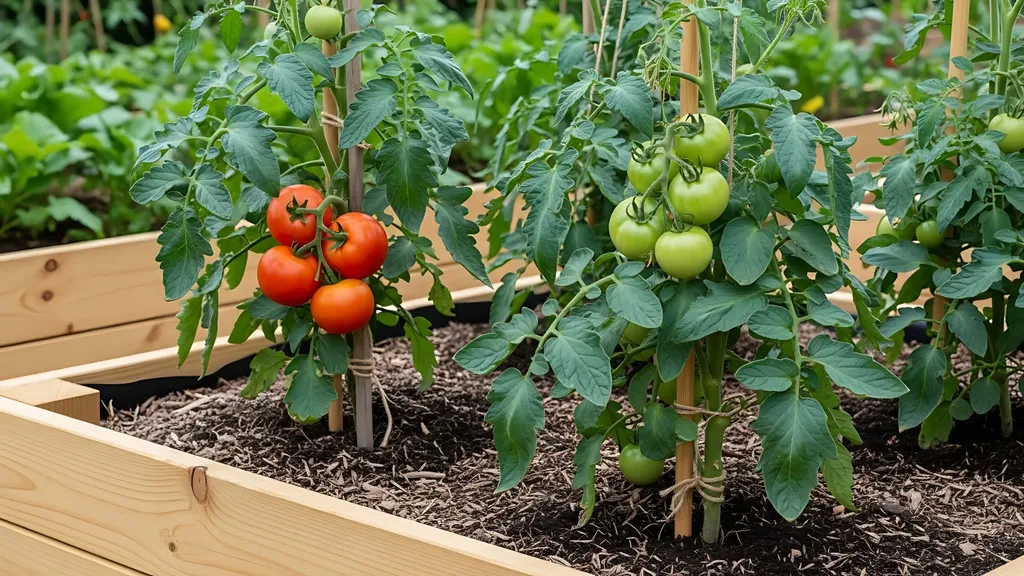 Tomatenpflanzen in einem erhöhten Holzbeet: links reife rote Tomaten, rechts grüne Tomaten, umgeben von üppigem Grün.