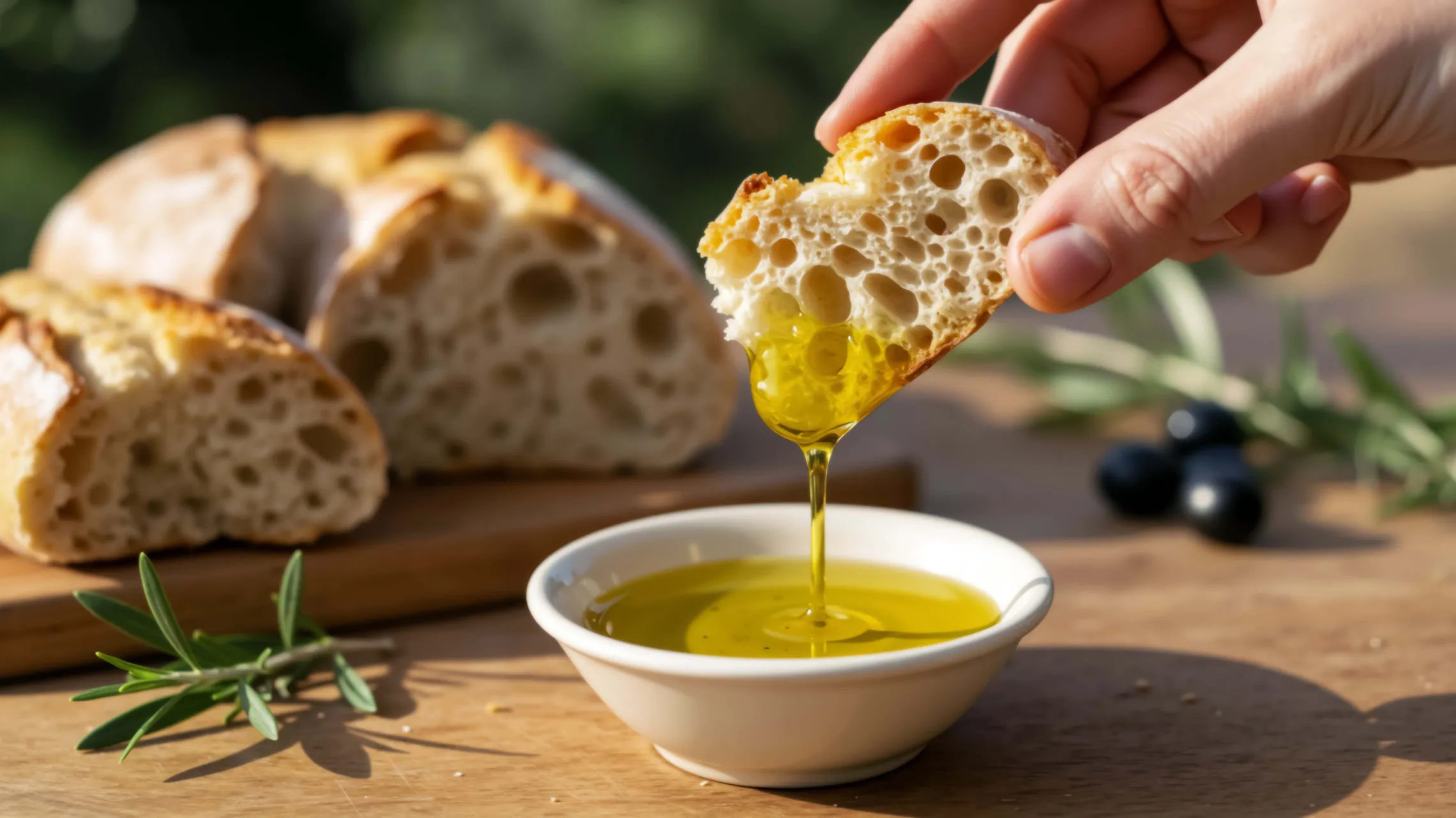 Knuspriges Brot wird mit der Hand in eine Schüssel mit Olivenöl getaucht, im Hintergrund sind Rosmarin und Oliven auf einer Holzunterlage zu sehen.