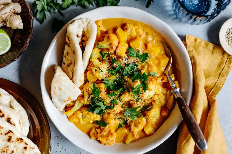 Indisches Blumenkohl-Curry mit Naan-Brot und frischen Kräutern