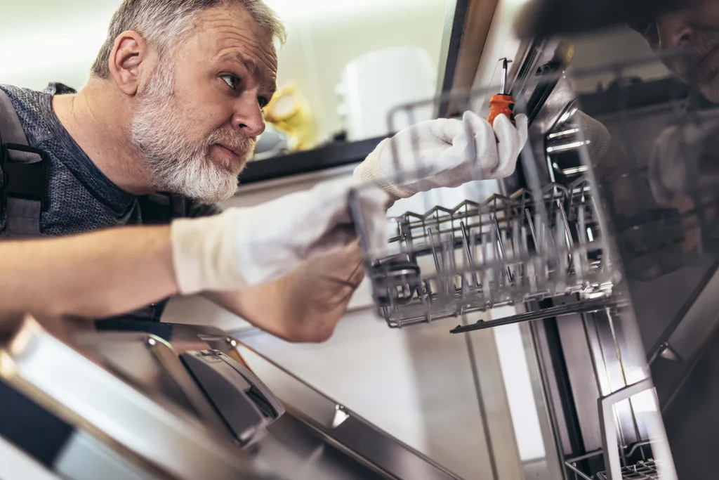 Servicetechniker überprüft einen geöffneten Geschirrspüler mit Werkzeug