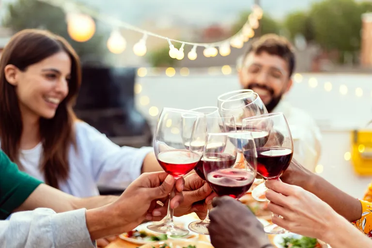Eine Gruppe von Menschen, die bei einem feierlichen Toast mit Weingläsern anstoßen und lächelnd auf einem Dach stehen, im Hintergrund Lichterketten.