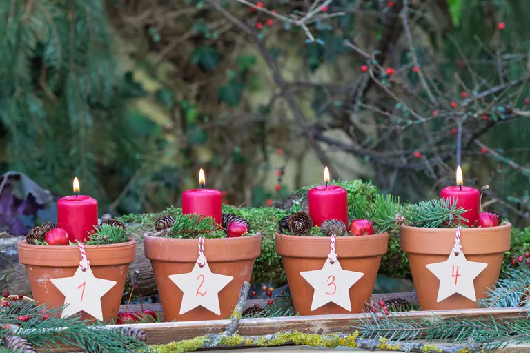 Four numbered terracotta pots with red candles, pinecones, and greenery arranged in a festive Advent setting.