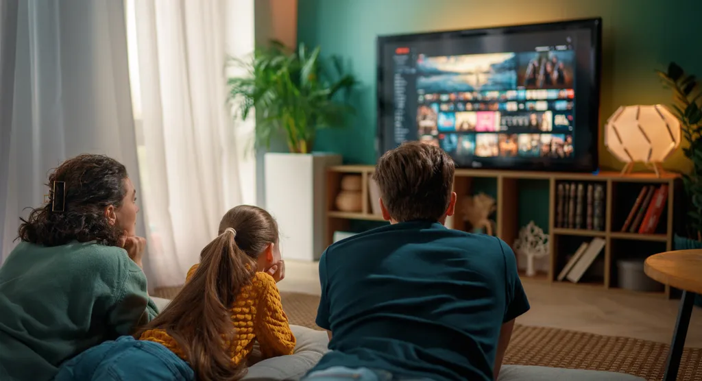 Dreiköpfige Familie liegt auf der Couch im Wohnzimmer, sehen fern, neben dem Fernseher indirekte Beleuchtung