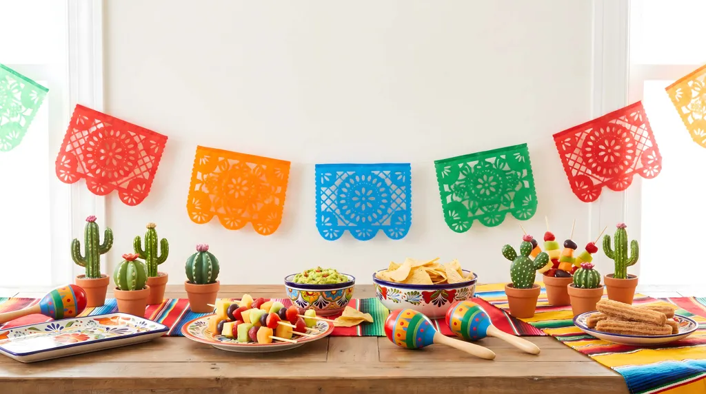 Bunte mexikanische Tischdekoration mit Nachos, Guacamole und Fiesta-Deko