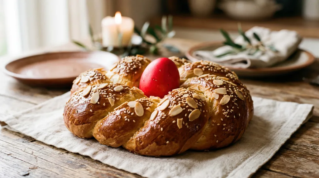Osterbrot auf einem Tisch mit Tischdecke aus Leinen