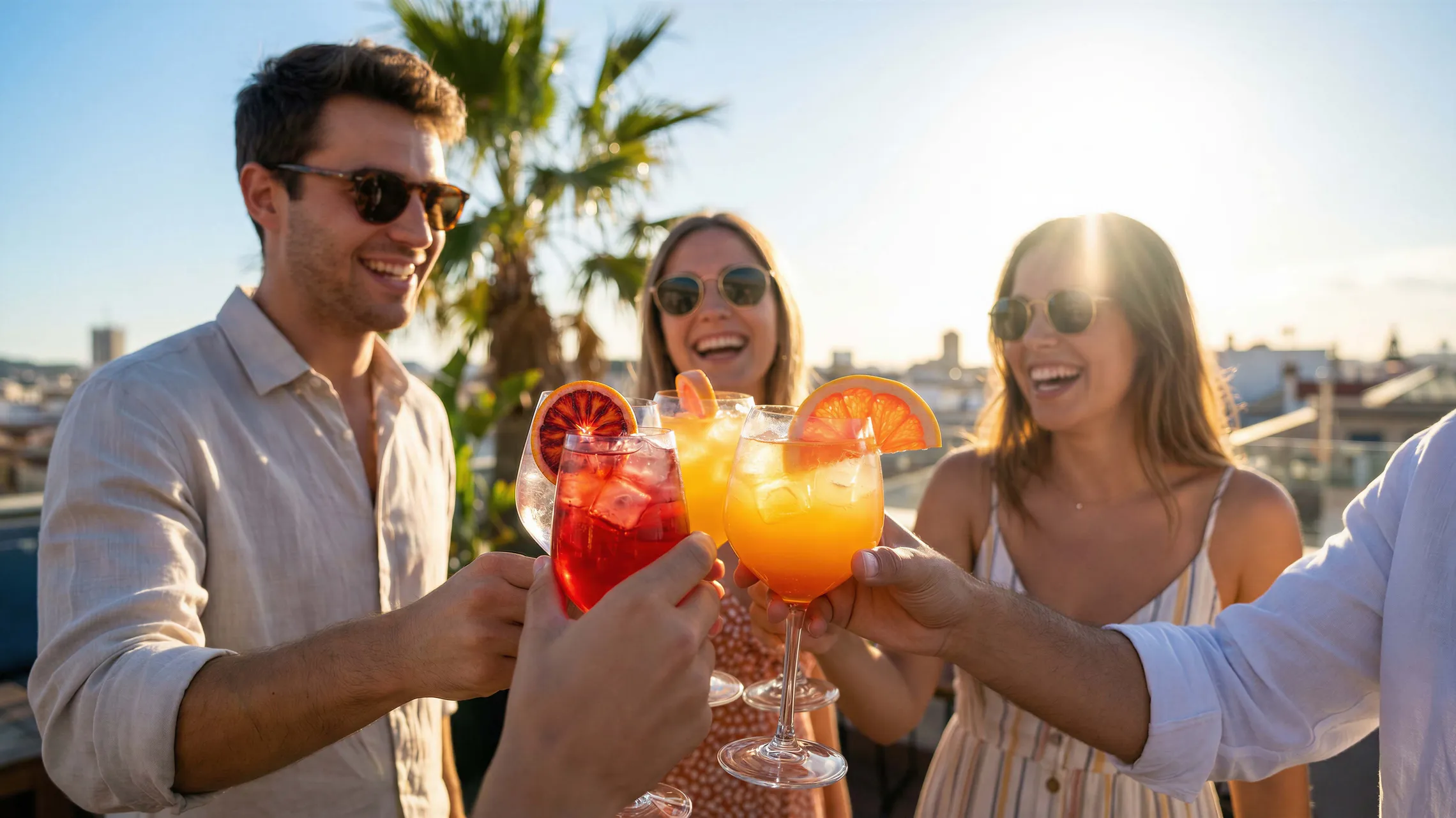 Freunde, die unter strahlend blauem Himmel und umgeben von Palmen auf einer Dachterrasse mit bunten Cocktails anstoßen.