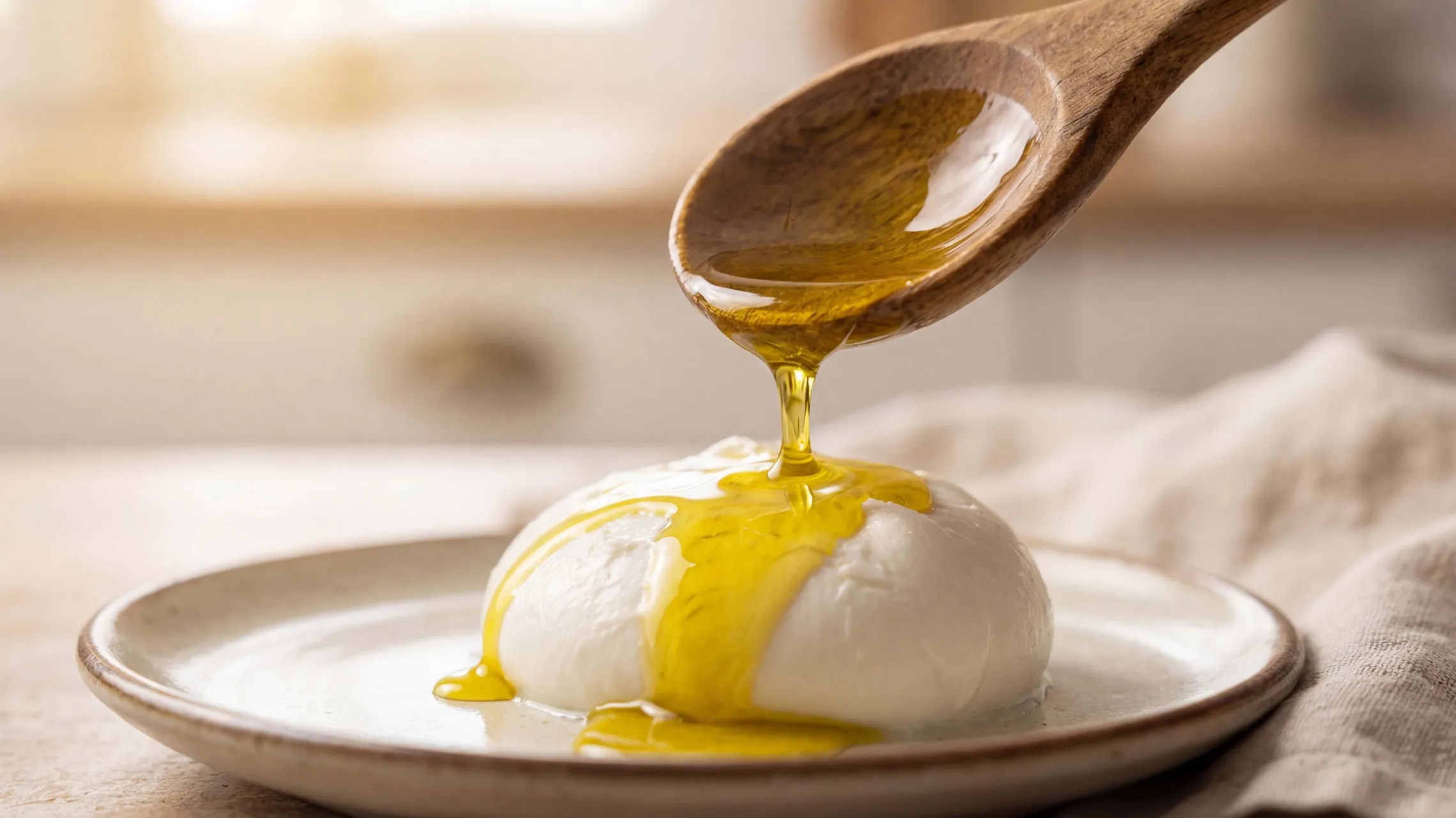 Ein Holzlöffel, der goldenes Olivenöl über eine runde, weiße Mozzarella-Kugel auf einem Keramikteller träufelt, im Hintergrund ein weicher Stoff.