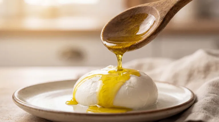 Ein Holzlöffel, der goldenes Olivenöl über eine runde, weiße Mozzarella-Kugel auf einem Keramikteller träufelt, im Hintergrund ein weicher Stoff.