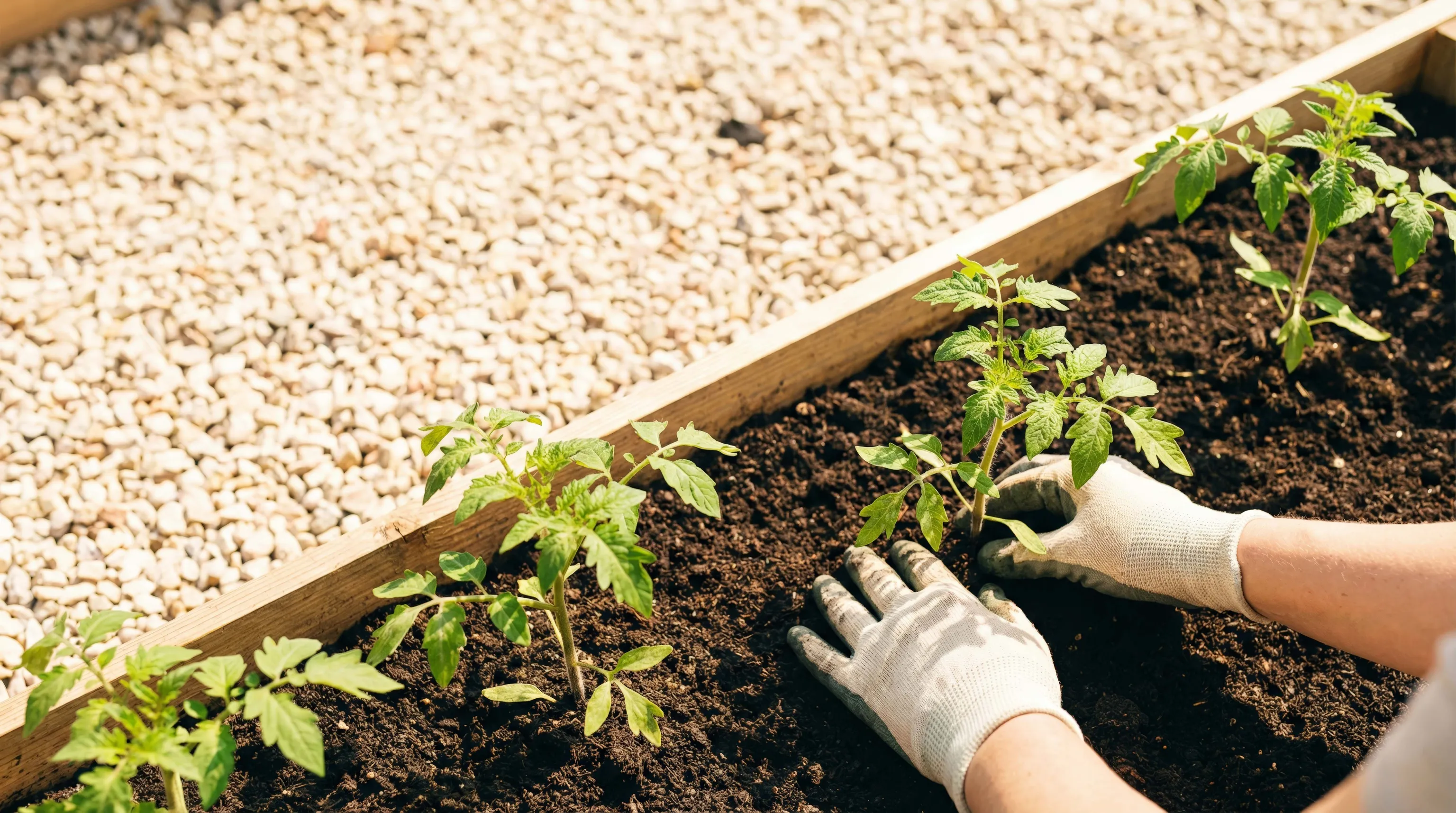 Eine Person mit Handschuhen kümmert sich um junge Tomatenpflanzen in einem sonnigen Hochbeet neben einem Kiesweg.