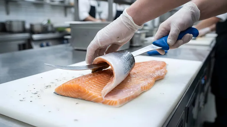 Ein Koch mit Handschuhen filetiert einen Lachs auf einem weißen Schneidebrett in einer Profiküche.